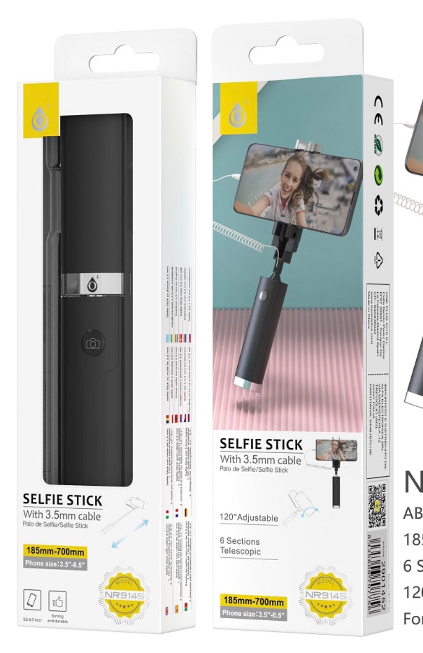 Wired Selfie Stick with 3.5mm Cable – 6-Section Telescopic, 700mm Max, 120° Adjustable