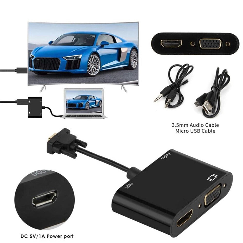 VGA to HDTV + VGA Adapter with Audio – Dual Output Converter