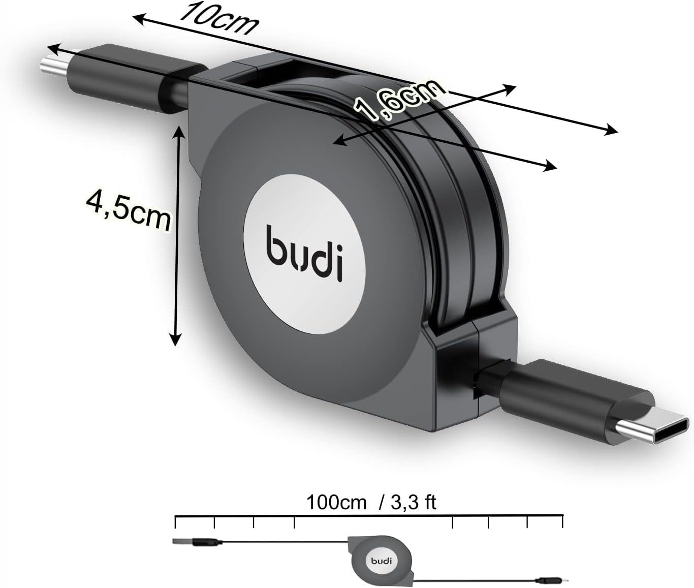 Budi Retractable USB-C to USB-C Cable – Fast Charge & Data Sync – 1M Compact Travel Cord – Tangle-Free Round Case – Black
