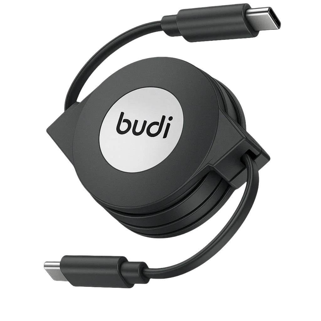 Budi Retractable USB-C to USB-C Cable – Fast Charge & Data Sync – 1M Compact Travel Cord – Tangle-Free Round Case – Black