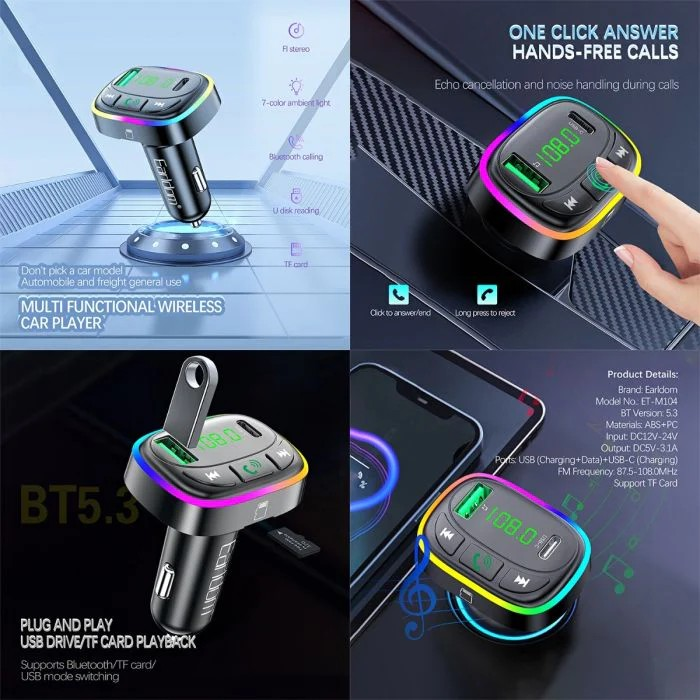 Wireless Car MP3 Player – Bluetooth FM Transmitter for Hands-Free Calling, Music Streaming & Charging